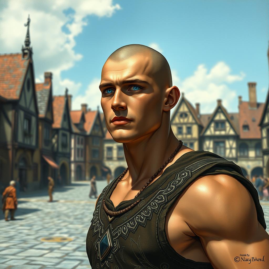 A handsome, muscular tan young man with a bald head, brilliant blue eyes, and a chiseled jaw, standing in a town square during the day