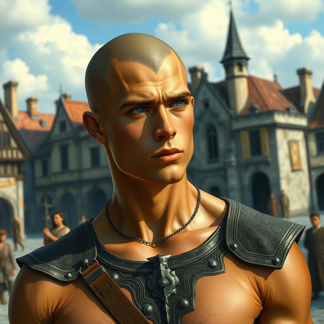 A handsome, muscular tan young man with a bald head, brilliant blue eyes, and a chiseled jaw, standing in a town square during the day