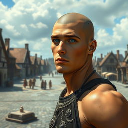 A handsome, muscular tan young man with a bald head, brilliant blue eyes, and a chiseled jaw, standing in a town square during the day