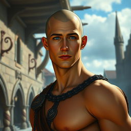 A handsome, muscular tan young man with a bald head, brilliant blue eyes, and a chiseled jaw, standing in a town square during the day