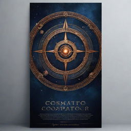 Design a banner with a striking inscription 'COSMOFACTOR' at the center, incorporating elements of space, mystery, and mystic in a realistic style.