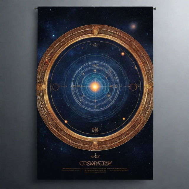 Design a banner with a striking inscription 'COSMOFACTOR' at the center, incorporating elements of space, mystery, and mystic in a realistic style.