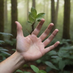 An updated image of the male fairy hand, rough and dirtied, with leaves sprouting from the hand instead of the wings. The five fingers remain intact amongst a lush forest backdrop.