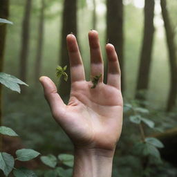 An updated image of the male fairy hand, rough and dirtied, with leaves sprouting from the hand instead of the wings. The five fingers remain intact amongst a lush forest backdrop.