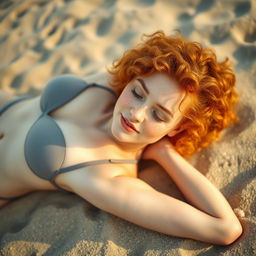 A fair-skinned petite woman with freckles and curly red hair, wearing a bikini, elegantly laying down on a sandy beach