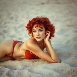 A fair-skinned petite woman with freckles and curly red hair, wearing a bikini, elegantly laying down on a sandy beach