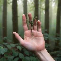 An updated image of the male fairy hand, rough and dirtied, with leaves sprouting from the hand instead of the wings. The five fingers remain intact amongst a lush forest backdrop.