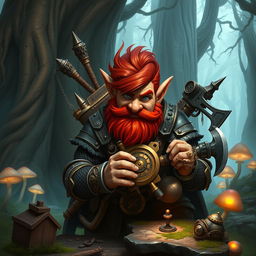 A male rock gnome artificer with ruddy tan skin, fiery red hair, and captivating sapphire eyes, complete with a matching red beard