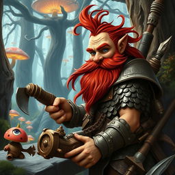 A male rock gnome artificer with ruddy tan skin, fiery red hair, and captivating sapphire eyes, complete with a matching red beard