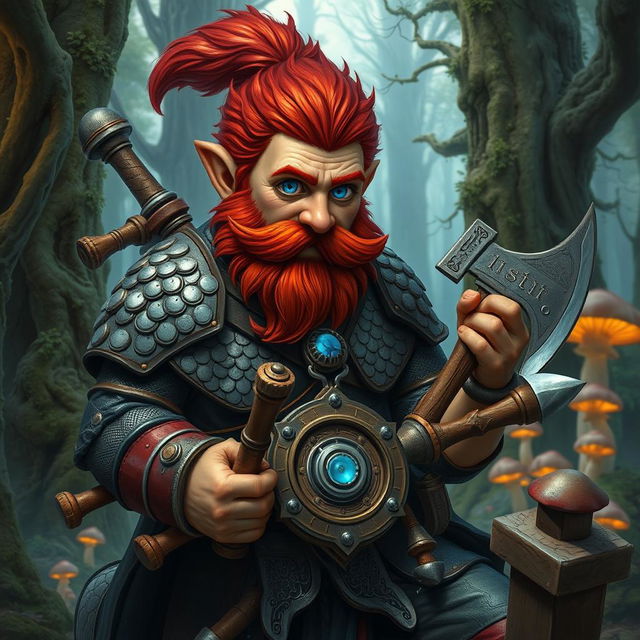 A male rock gnome artificer with ruddy tan skin, fiery red hair, and captivating sapphire eyes, complete with a matching red beard