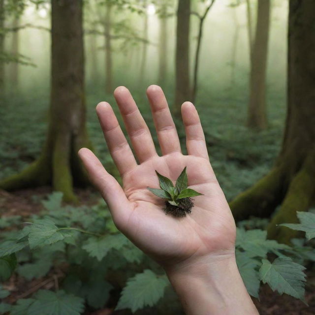 An updated image of the male fairy hand, rough and dirtied, with leaves sprouting from the hand instead of the wings. The five fingers remain intact amongst a lush forest backdrop.