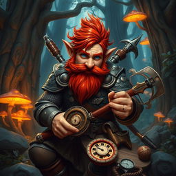 A male rock gnome artificer with ruddy tan skin, fiery red hair, and captivating sapphire eyes, complete with a matching red beard