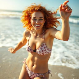 A fair-skinned petite woman with freckles and curly red hair, wearing a bikini, playfully enjoying herself on a sunny beach