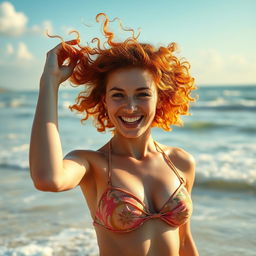 A fair-skinned petite woman with freckles and curly red hair, wearing a bikini, playfully enjoying herself on a sunny beach