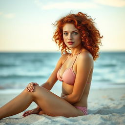 A fair-skinned petite woman with freckles and curly red hair, wearing a bikini, sitting gracefully on a sandy beach