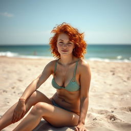 A fair-skinned petite woman with freckles and curly red hair, wearing a bikini, sitting gracefully on a sandy beach