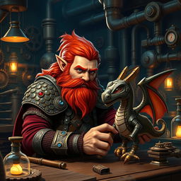 A male rock gnome artificer with ruddy tan skin, fiery red hair, and striking sapphire eyes, complete with a vibrant red beard