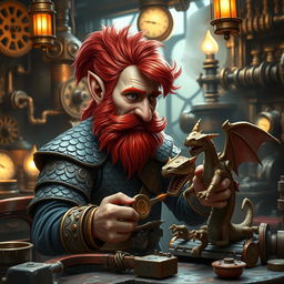 A male rock gnome artificer with ruddy tan skin, fiery red hair, and striking sapphire eyes, complete with a vibrant red beard