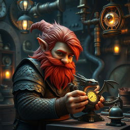 A male rock gnome artificer with ruddy tan skin, fiery red hair, and striking sapphire eyes, complete with a vibrant red beard