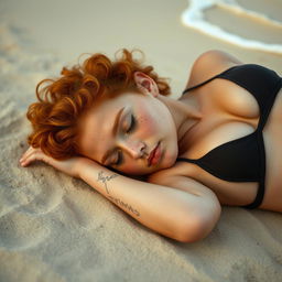 A fair-skinned petite woman with freckles and curly red hair, wearing a bikini, peacefully asleep on a sandy beach