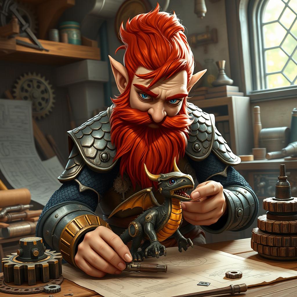 A male rock gnome artificer with ruddy tan skin, fiery red hair, and dazzling sapphire eyes, featuring a lush red beard