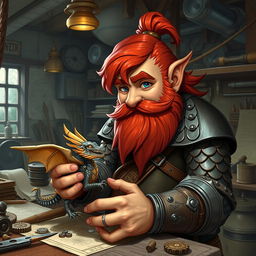 A male rock gnome artificer with ruddy tan skin, fiery red hair, and dazzling sapphire eyes, featuring a lush red beard