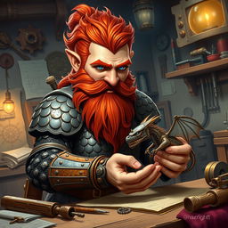 A male rock gnome artificer with ruddy tan skin, fiery red hair, and dazzling sapphire eyes, featuring a lush red beard