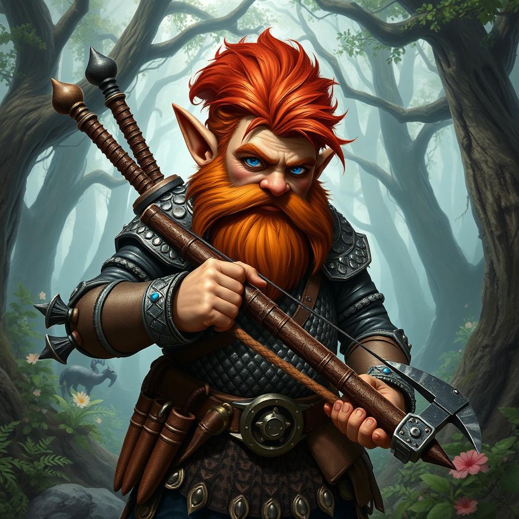 A male rock gnome artificer with ruddy tan skin, vivid red hair, and striking sapphire eyes, accompanied by a well-groomed beard