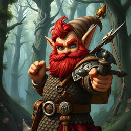 A male rock gnome artificer with ruddy tan skin, vivid red hair, and striking sapphire eyes, accompanied by a well-groomed beard