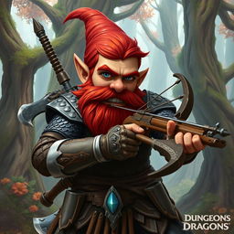 A male rock gnome artificer with ruddy tan skin, vivid red hair, and striking sapphire eyes, accompanied by a well-groomed beard