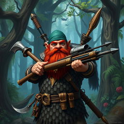 A male rock gnome artificer with ruddy tan skin, vivid red hair, and striking sapphire eyes, accompanied by a well-groomed beard