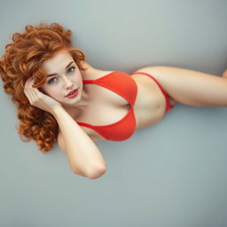 A fair-skinned petite woman with curly red hair, wearing a bikini, laying comfortably on a smooth surface