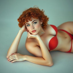 A fair-skinned petite woman with curly red hair, wearing a bikini, laying comfortably on a smooth surface