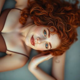 A fair-skinned petite woman with freckles and vibrant curly red hair, wearing a bikini, laying down gracefully