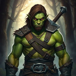 Half-Orc D&D character with green skin and brown eyes, featuring medium-length brunette hair