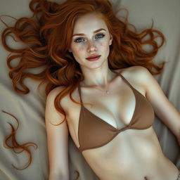 A fair-skinned petite woman with freckles and wavy red hair, wearing a bikini, laying down elegantly