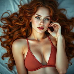 A fair-skinned petite woman with freckles and wavy red hair, wearing a bikini, laying down elegantly