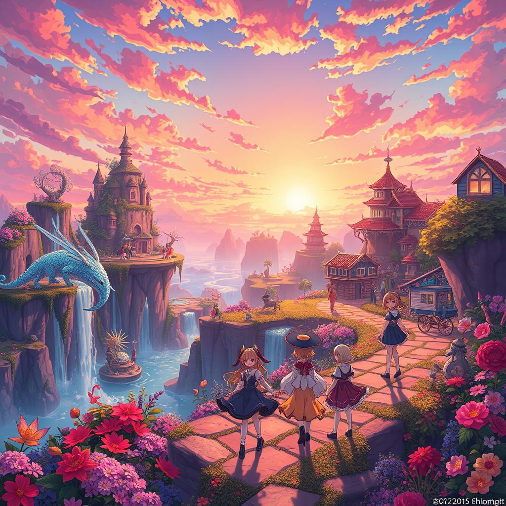 a vibrant and enchanting magical world inspired by anime, filled with mystical creatures, colorful landscapes, and an adventurous atmosphere