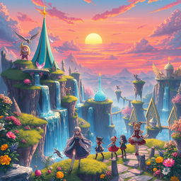 a vibrant and enchanting magical world inspired by anime, filled with mystical creatures, colorful landscapes, and an adventurous atmosphere