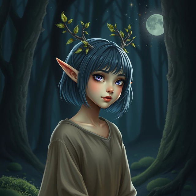 A graceful young female elf druid stands in a dark, enchanted forest