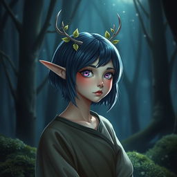 A graceful young female elf druid stands in a dark, enchanted forest