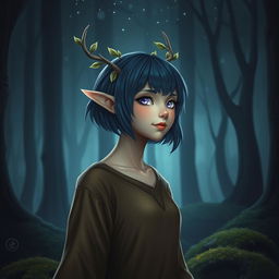 A graceful young female elf druid stands in a dark, enchanted forest