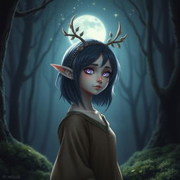 A graceful young female elf druid stands in a dark, enchanted forest