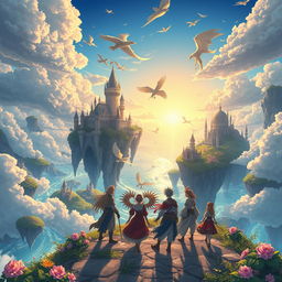 A mesmerizing anime magic world, featuring floating islands covered in vibrant, mystical flora and fauna