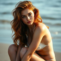 A fair-skinned petite woman with freckles and wavy red hair, wearing a bikini, posed in a kneeling position