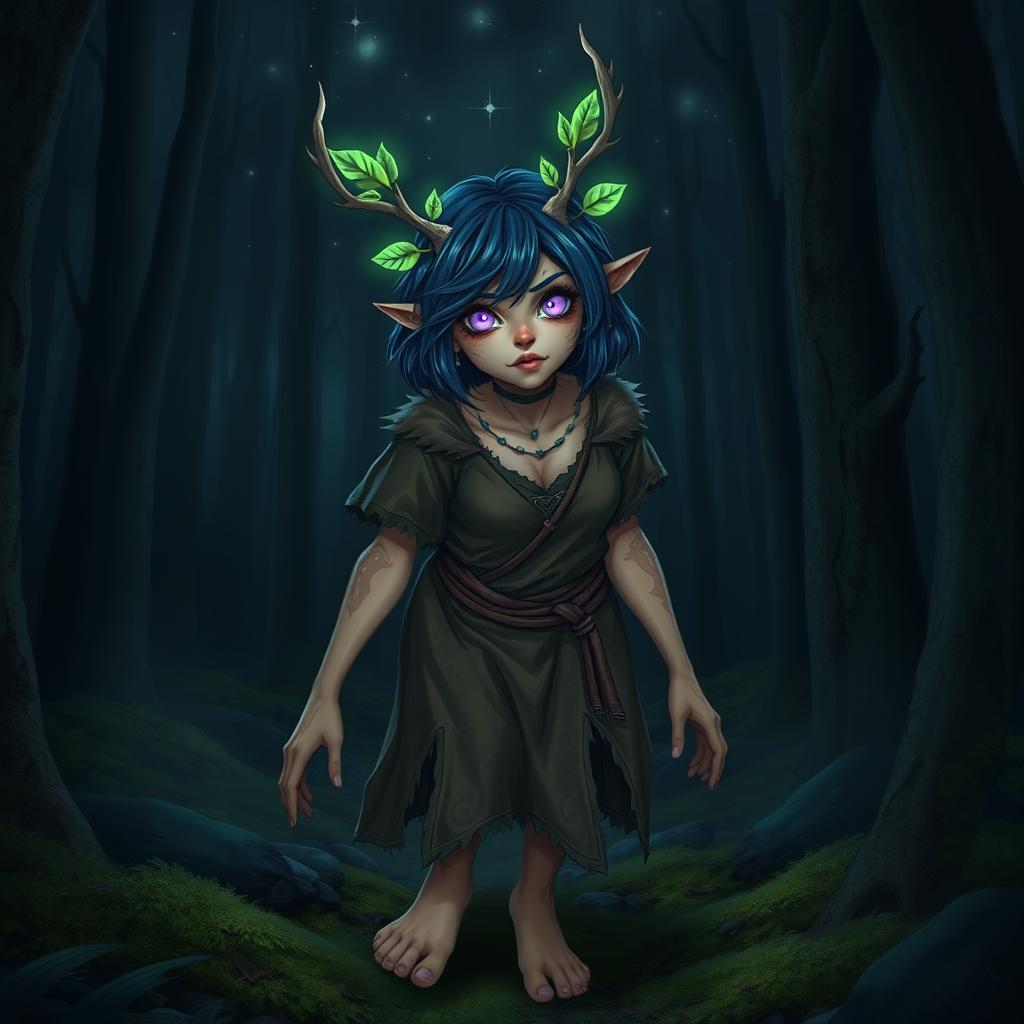 In a dark, enchanted forest, a fierce female elf druid emerges from the shadows