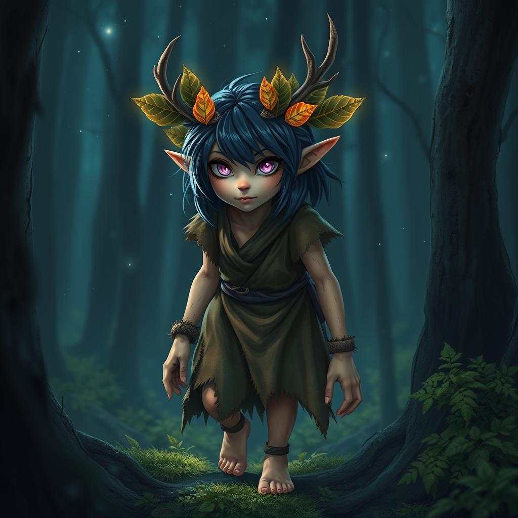 In a dark, enchanted forest, a fierce female elf druid emerges from the shadows