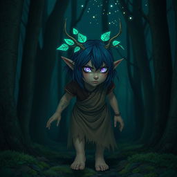 In a dark, enchanted forest, a fierce female elf druid emerges from the shadows