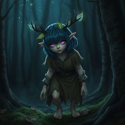 In a dark, enchanted forest, a fierce female elf druid emerges from the shadows