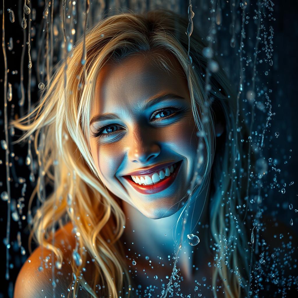 A blonde woman with striking features, smiling confidently amidst a creative and artistic setup that mimics a rain of water or glitter cascading around her